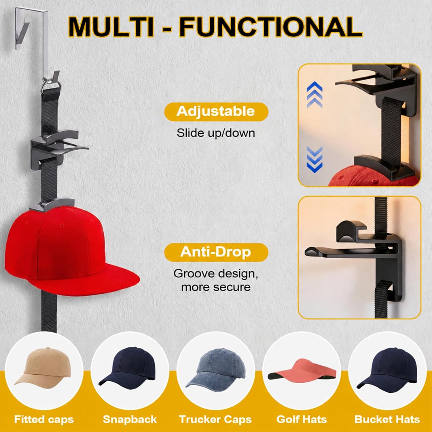 Hat Rack for Door, Two-Way Hanging Caps with Display Hooks and Hanger, Hat Organizer for Baseball Caps, Over the Door Hat Storage Organizer for Bedroom, Entrance or Garage Doors, 2 Packs,Black