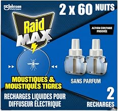 Raid Max Liquid Electric Diffuser Refills – Anti-Mosquitoes and Tiger Mosquitoes 60 Nights – Fragrance Free – 2 Refills