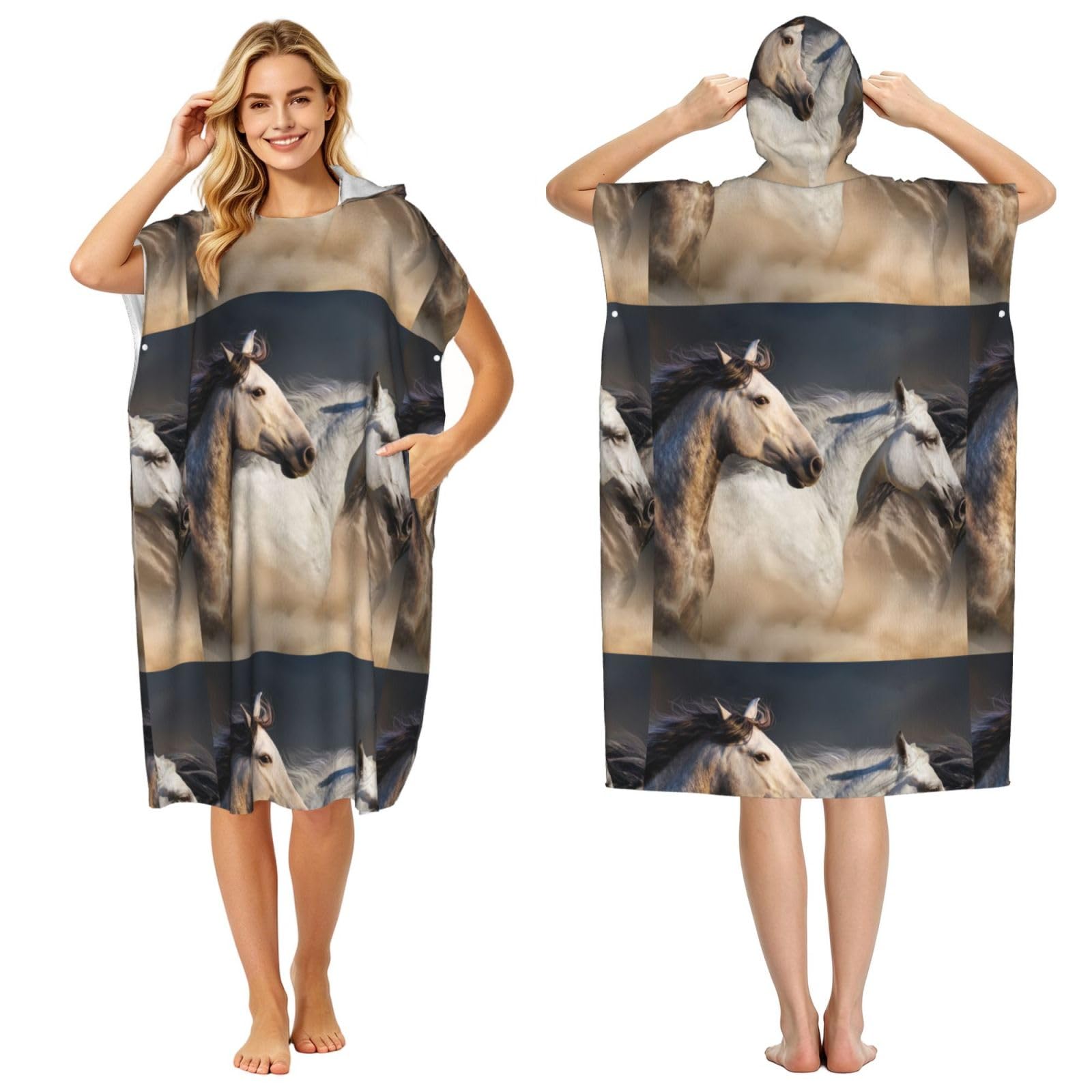 Poadnly Wild Horse Picture, Adult Hooded Beach Towel 90 x 110 cm,Changing Bath Robe, Surf Poncho Towel For Women Men