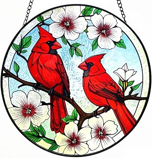 Cardinal Stained Glass,Red Bird Suncatcher for Window,7.8" Stained Glass Yard Hanging,Cardinal Gift for Women,Hanging Colour Home Decor,Window Sun Catcher Pretty Decoration