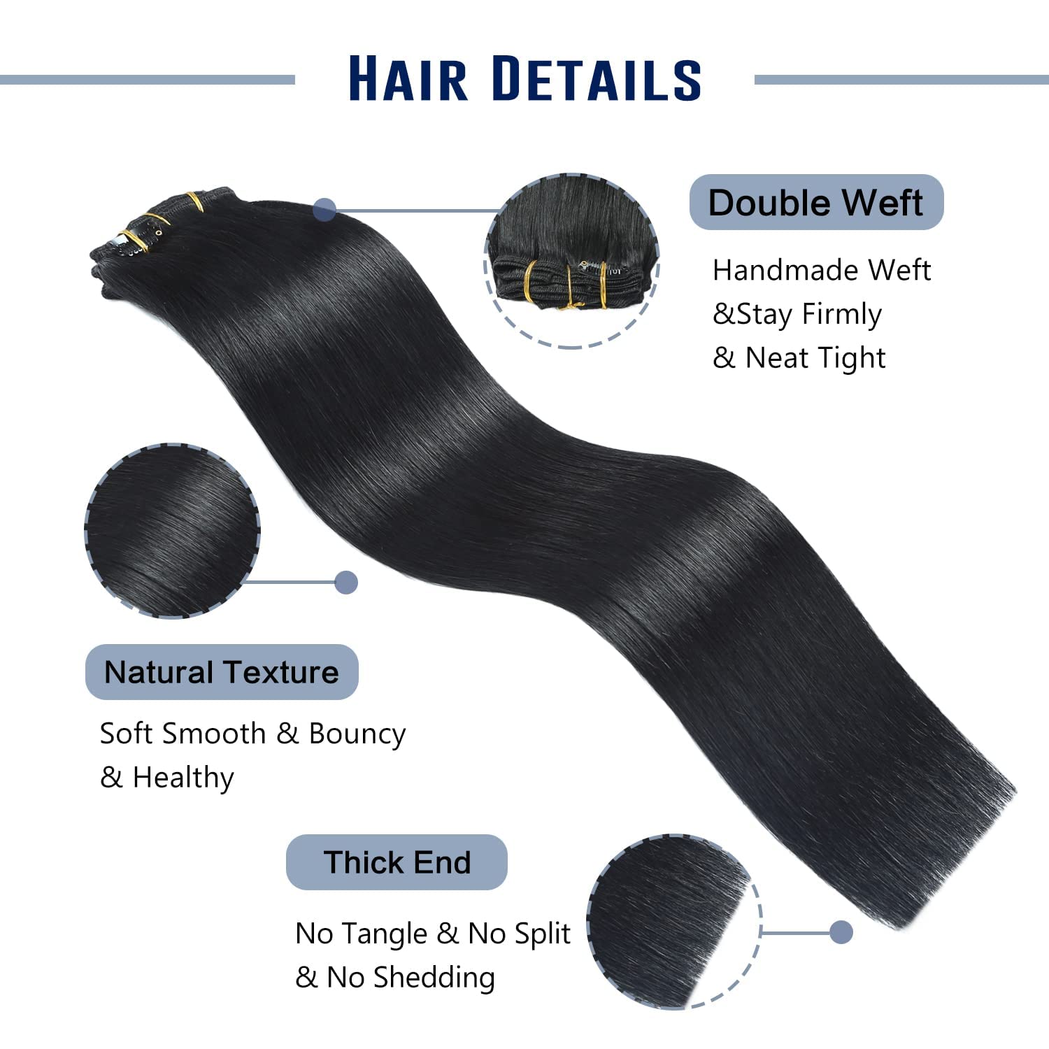 Sunya Real Human Hair Clip in Extensions - Jet Black, Double Weft, Straight, 18 Inch #1 - 8 Pcs/120g