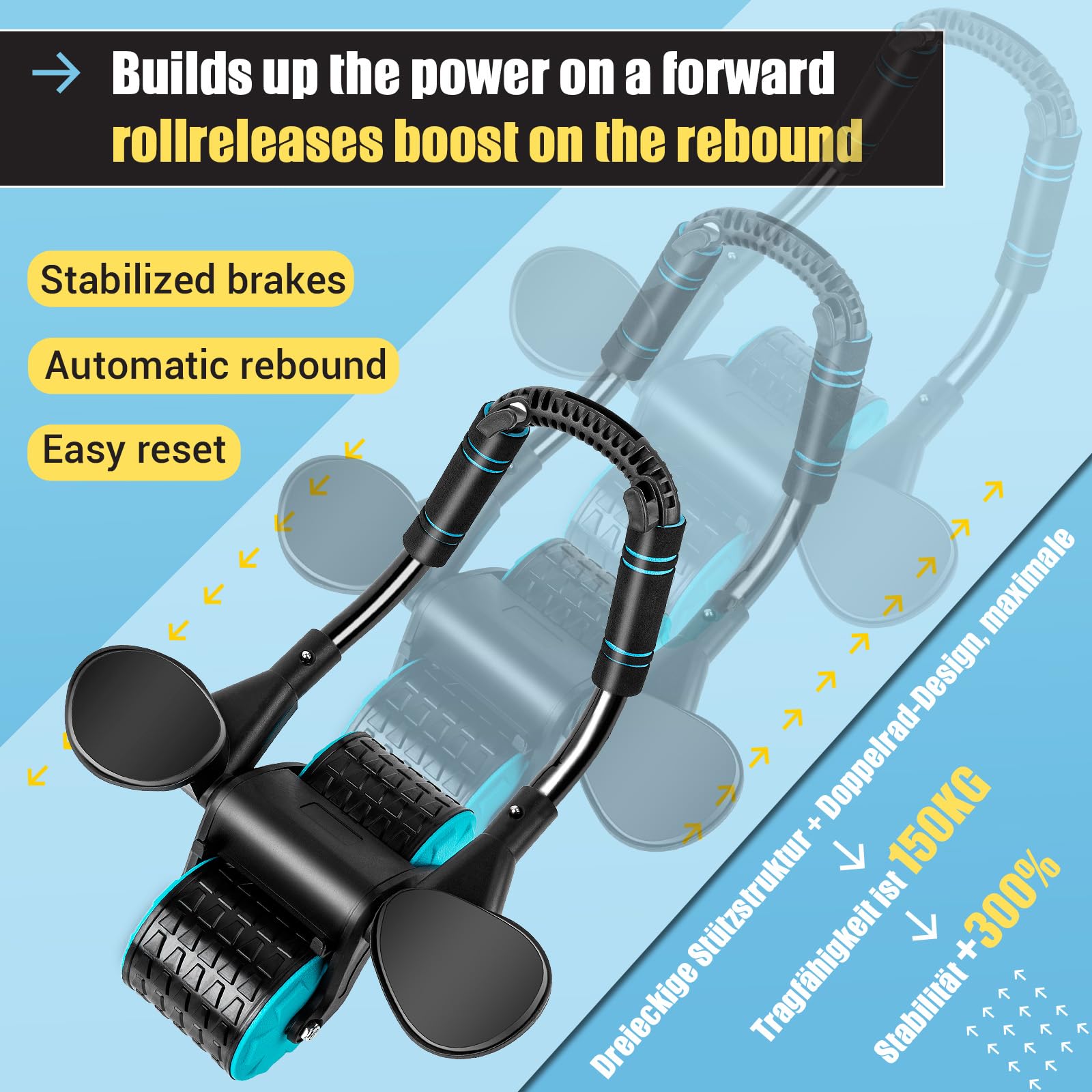 Automatische Rebound-Bauchrolle, New Wheels Roller Domestic Bauchtrainer,Bauchroller Für Bauchmuskeltraining, Bauchroller Für Bauchmuskeltraining Mit Stabilen Doppelrädern (Black)