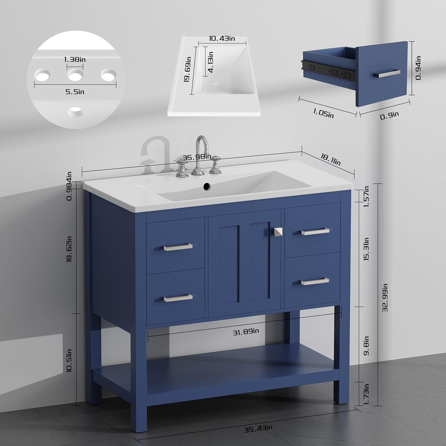 36'' Bathroom Vanity with Single Sink, Solid Wood Frame Modern Bathroom Storage Cabinet with 2 Power Outlets, 1 USB Port, 1 Tybe C Port, Bath Vanity Cabinet with 4 Drawers & Open Shelf, Blue
