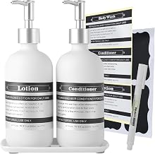 SOOKDEO 2 Pack Soap Dispenser with Pump & Ceramics Tray, Refillable Glass Bottles with Body Wash, Dish Soap, Hand Soap, Lotion, Shampoo, Conditioner Waterproof Labels, 17oz, 500ml, White