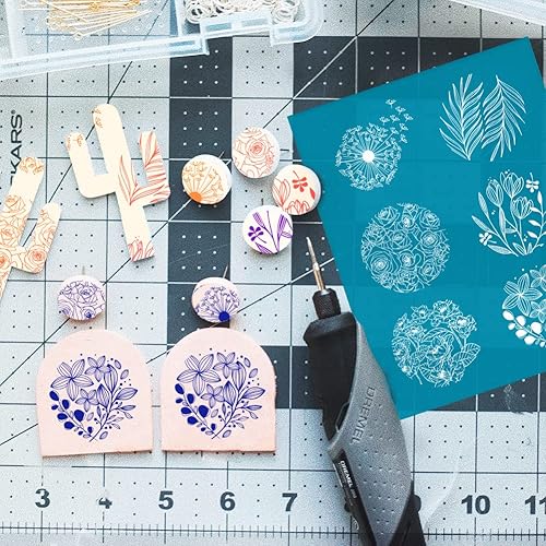 Miniatura 4 de OLYCRAFT Plantillas redondas de arcilla de flores de 4 x 5 pulgadas, pantalla de seda de hojas de flores para arcilla polimérica, plantillas de