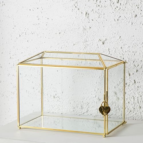 Miniatura 5 de Caja de cristal para tarjetas de boda con ranura, caja grande de 12.6 pulgadas para tarjetas de regalo de latón dorado con cerradura para