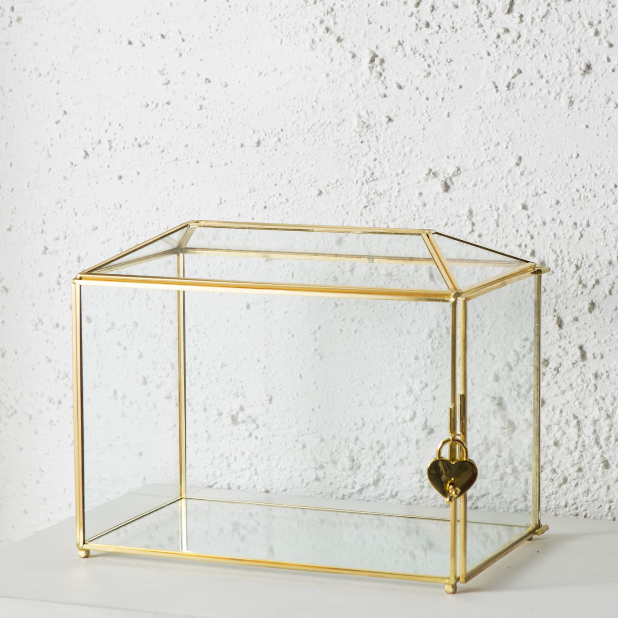 Grande boîte à cartes de mariage en verre transparent avec fente - 25,9 cm - En laiton doré - Avec serrure - Pour réceptions de mariage, fête prénatale, fête d'anniversaire
