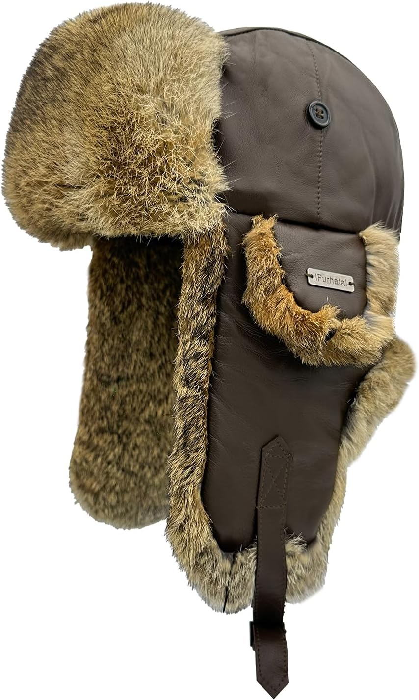 100% Real Rabbit Fur Winter Trapper Hat for Men Women Russian Fur Ushanka Aviator Hat Mens Trapper Hat