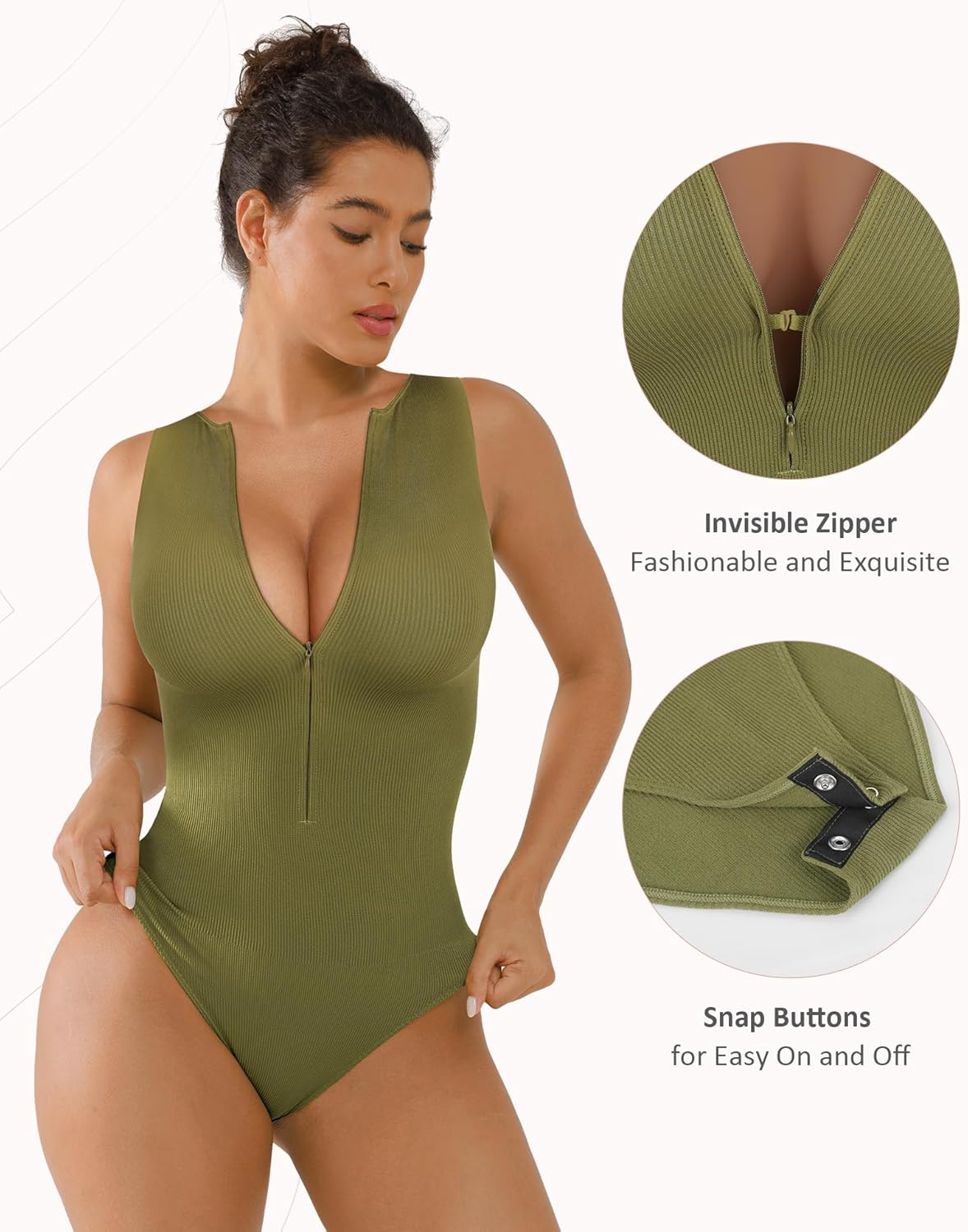 FeelinGirl Bodysuits for Women Seamless Body Suit Invisible Zip Up Crew Neck Slimming Ribbed Basic Tank Tops - Image 2