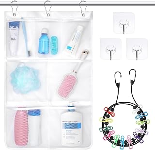 F-color Cruise Essentials 2026 - Mesh shower Organizer Hanging with 7 Pockets for Shampoo Soap Loofah, Bundle with Retractable Portable Clothes line with 12 Clothes pins for Indoor Laundry Drying