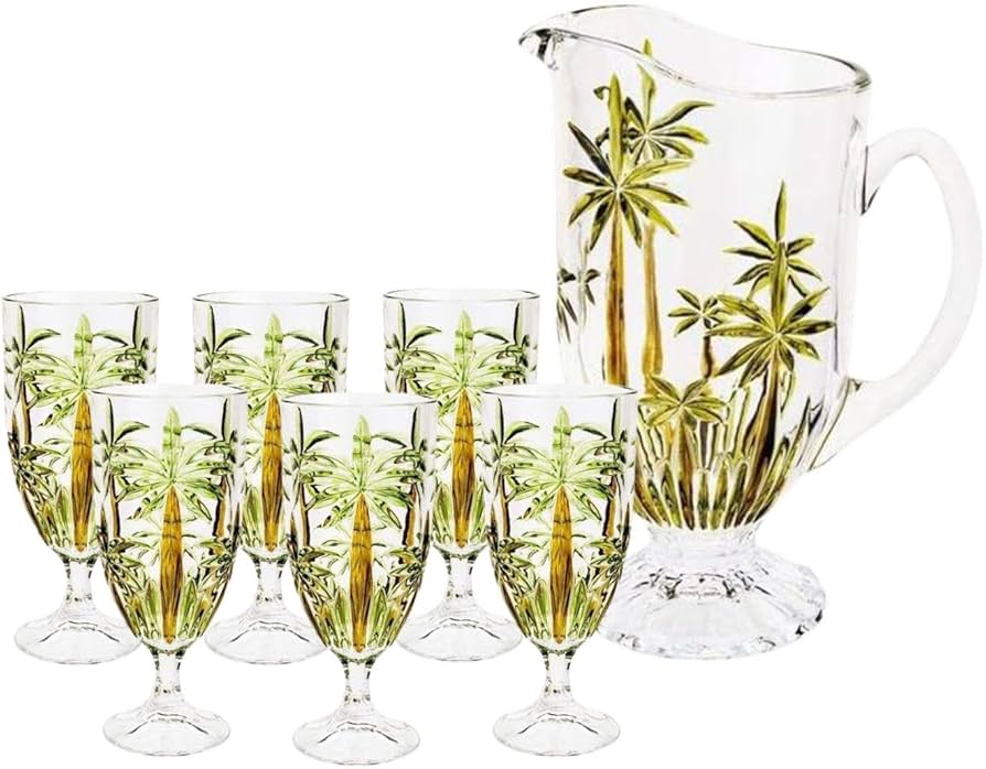 Jogo Taças e Jarra Cristal Palm Tree Hanpaint 7pç