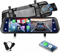 Podofo 9.66" Tükör Menetrögzítő Kamera - Vezeték Nélküli Apple CarPlay, Android Auto, Dupla 1080P HD Kamera, IPS Érintőképernyő, Bluetooth,  1
