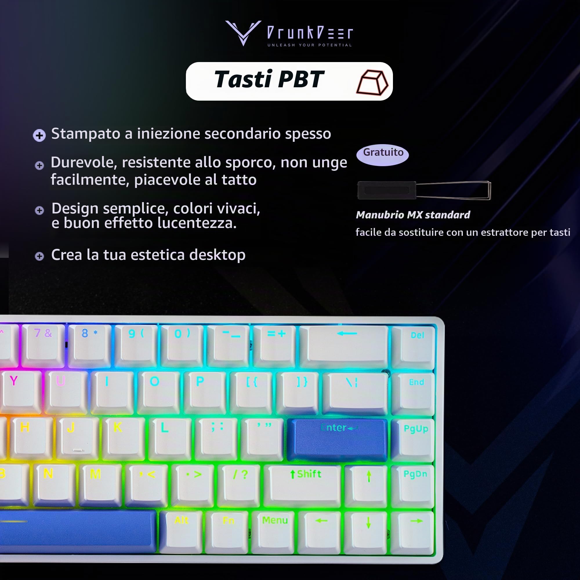 DrunkDeer G65 Rapid Trigger Tastiera meccanica Interruttori magnetici Gaming PBT Keycap Wired 65% Dimensione RGB Compact Anti-ghosting Bianco