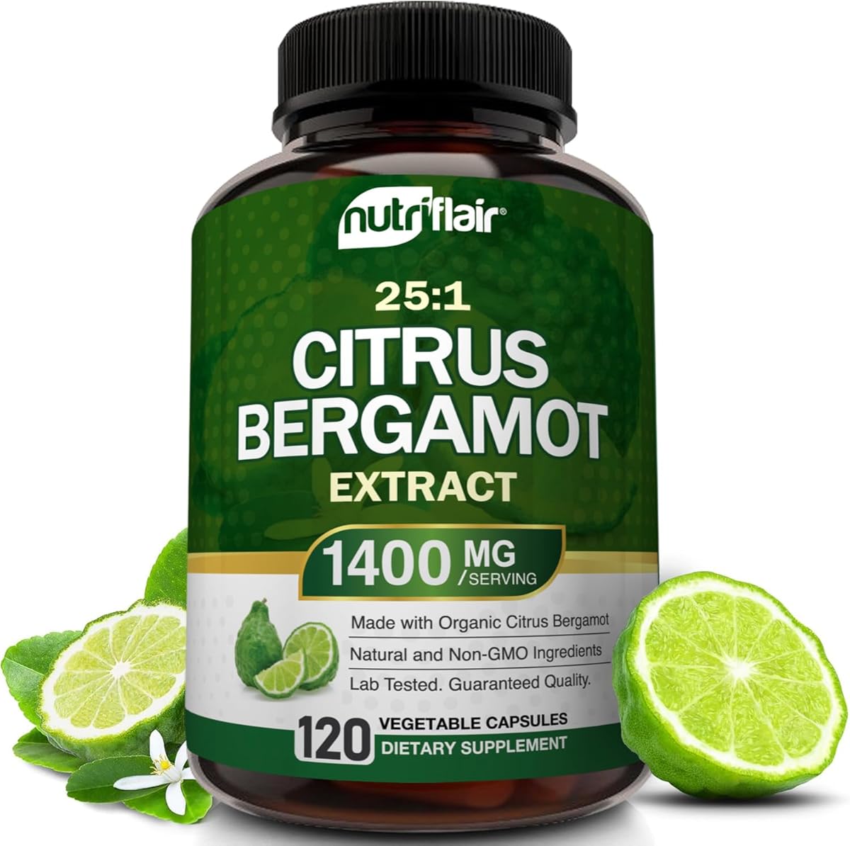 NutriFlair NutriFlair Organic Citrus Bergamot 1400mg, 120 Capsules - 25:1 Bergamia - Essential Oil and Citrus Bioflavonoids - Natural Heart Health Supplements for Women and Men - Non-GMO Pills
