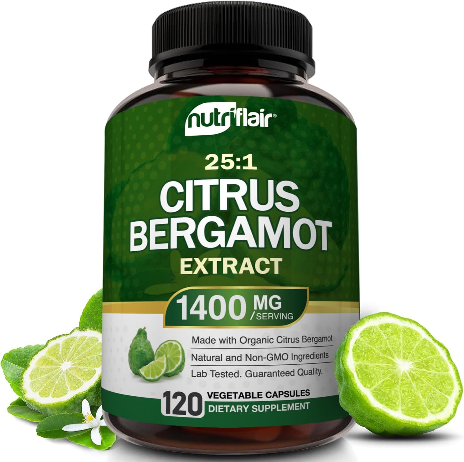 NutriFlair Organic Citrus Bergamot 1400mg, 120 Capsules - 25:1 Bergamia - Essential Oil and Citrus Bioflavonoids - Natural Heart Health Supplements for Women and Men - Non-GMO Pills