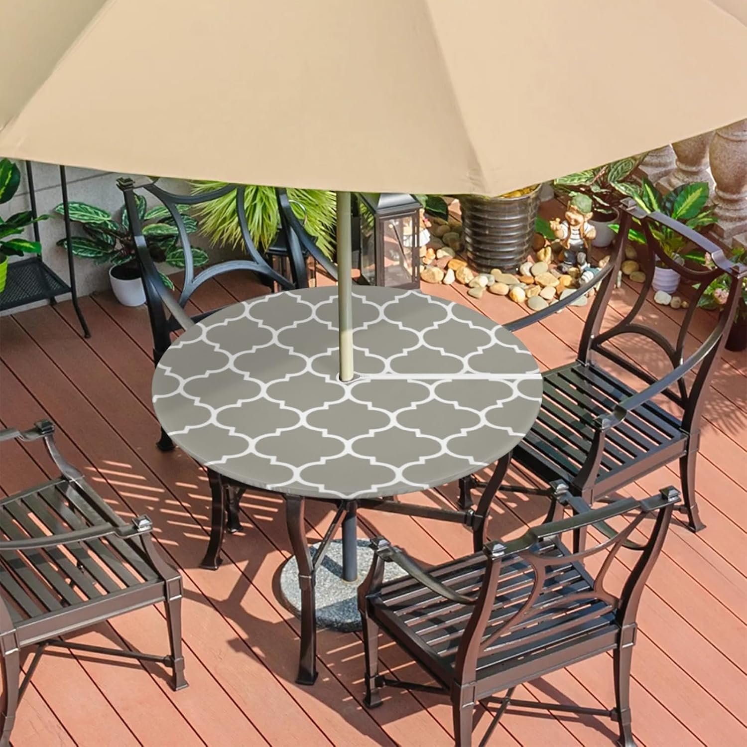 Fitted Round Tablecloth with Umbrella Hole and Zipper Grey Moroccan Outdoor Elastic Table Cloth 36"-44" Oil-Proof Waterproof Patio Table Cover for Dining Picnic Party