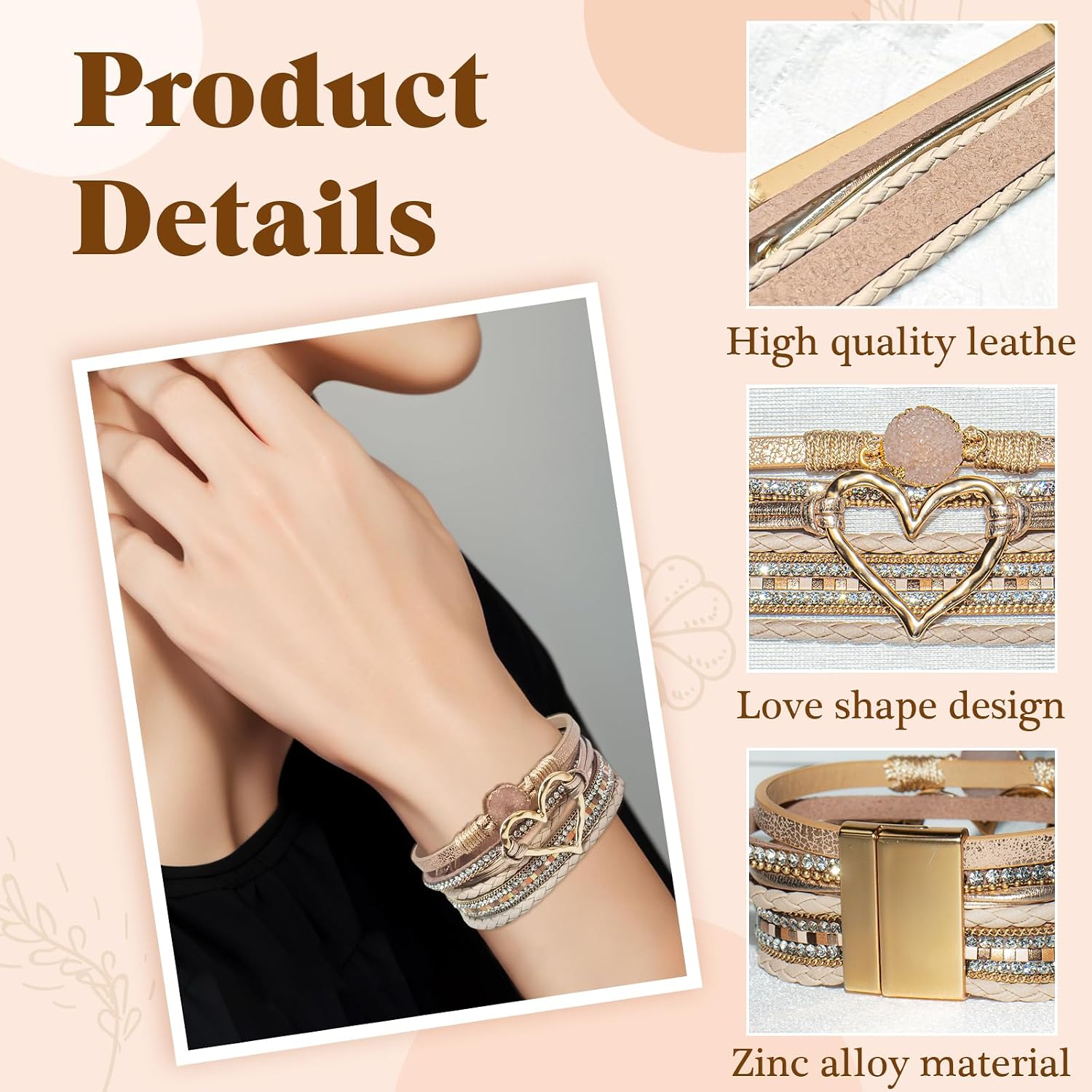 2Pcs Boho Bracelets Woven Leather Multi-Layer Wrap Bracelet Heart Shape Inlaid Rhinestone Stackable Fashion Women Bracelet Jewelry