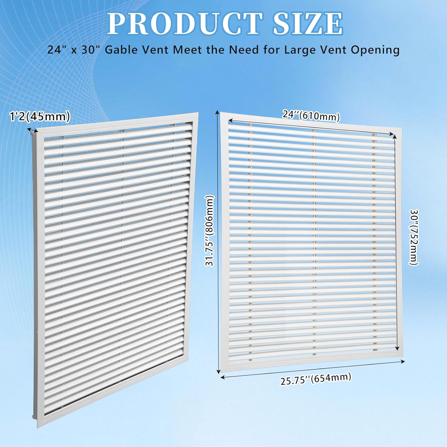 AIWFL 24" x 30" Decorative Gable Vent, Heavy Duty Attic Wall Vent Ventilation Cover Shed Vents Cover White Gable Louver Vents for Walls Crawl Space Houses Garage Home