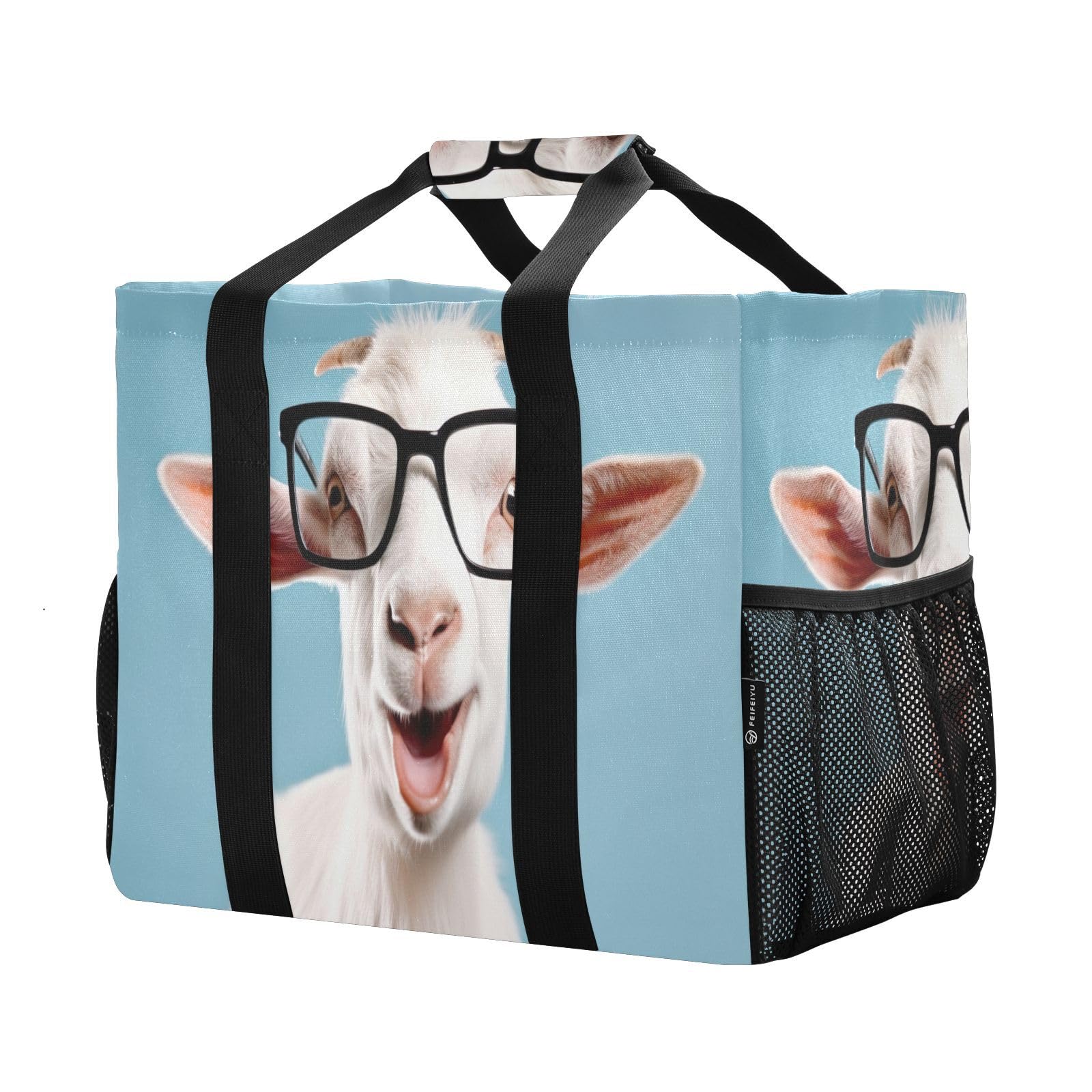 YEGAME Reusable Grocery Bags with Reinforced Handles & Side Pockets, Cute Goat Waterproof Beach Tote Bag Large Foldable Handbags for Shopping, Travel,