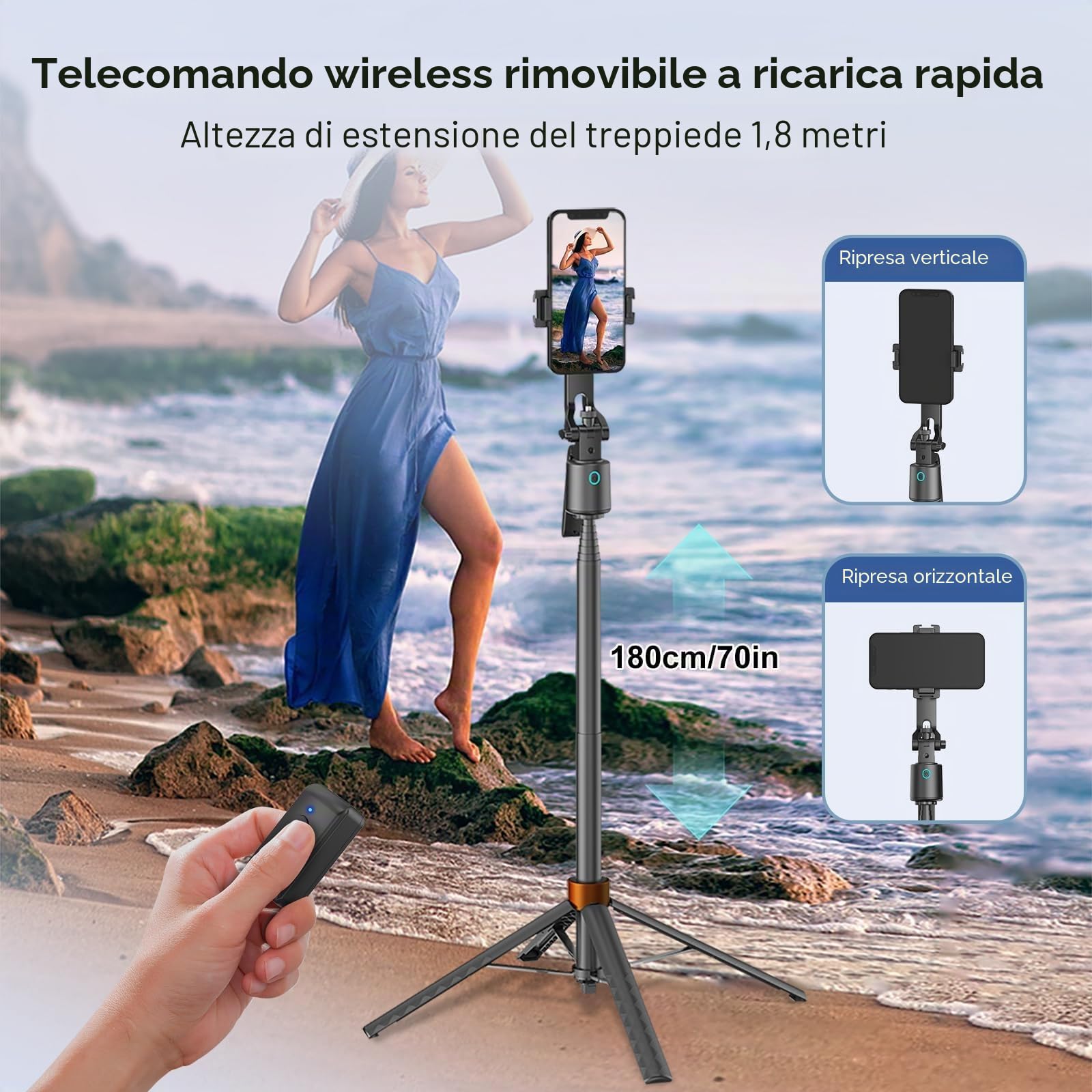 Treppiede per selfie da 178 cm, rotazione a 360 gradi per iPhone, senza app, riprese video e streaming (con luce di riempimento)