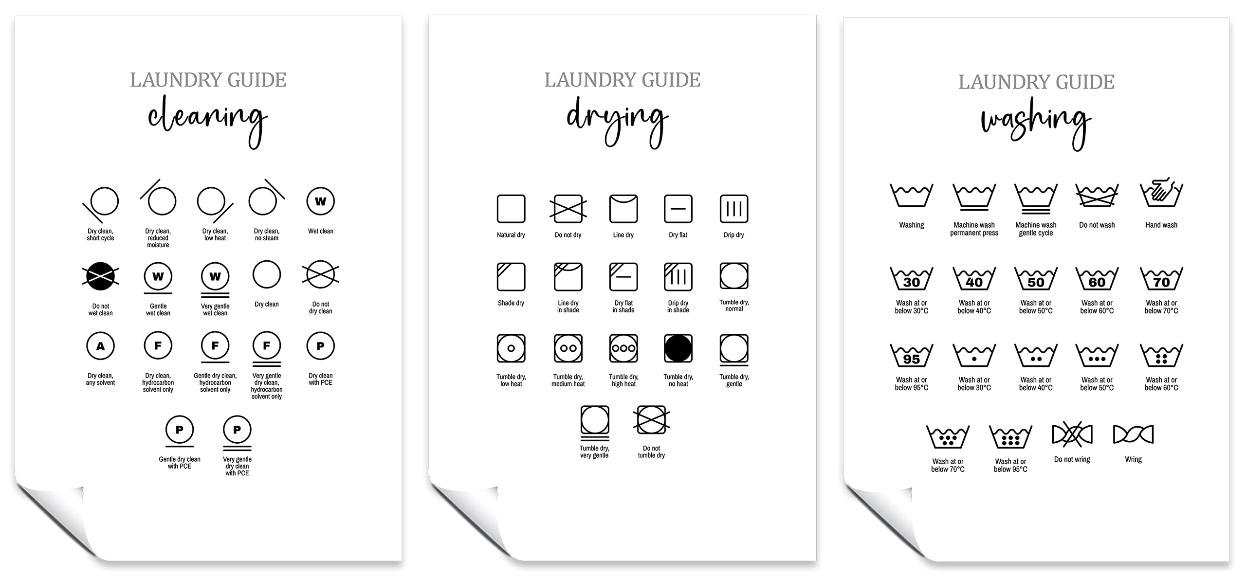 Panther Print Laundry Symbols Guide Wall Poster Signs Prints Set of 3 A3 Case Guide Instructions For Utlity Room