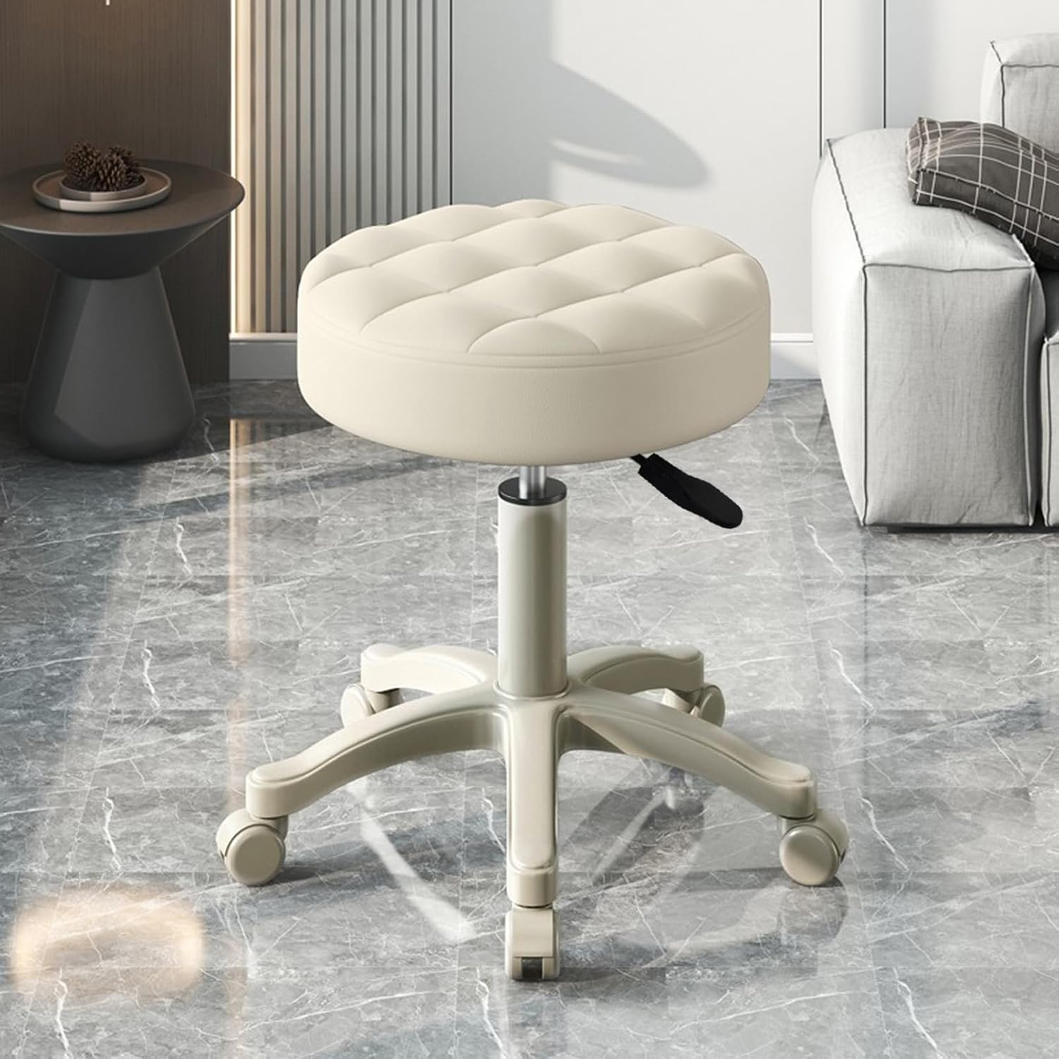 Rolling Stool with Wheels, Adjustable Height Vanity Stool with 360 Swivel, White Rolling Stools with Gold Hardware, Armless Office Stools for Salon, Bar, Home Beige One Size