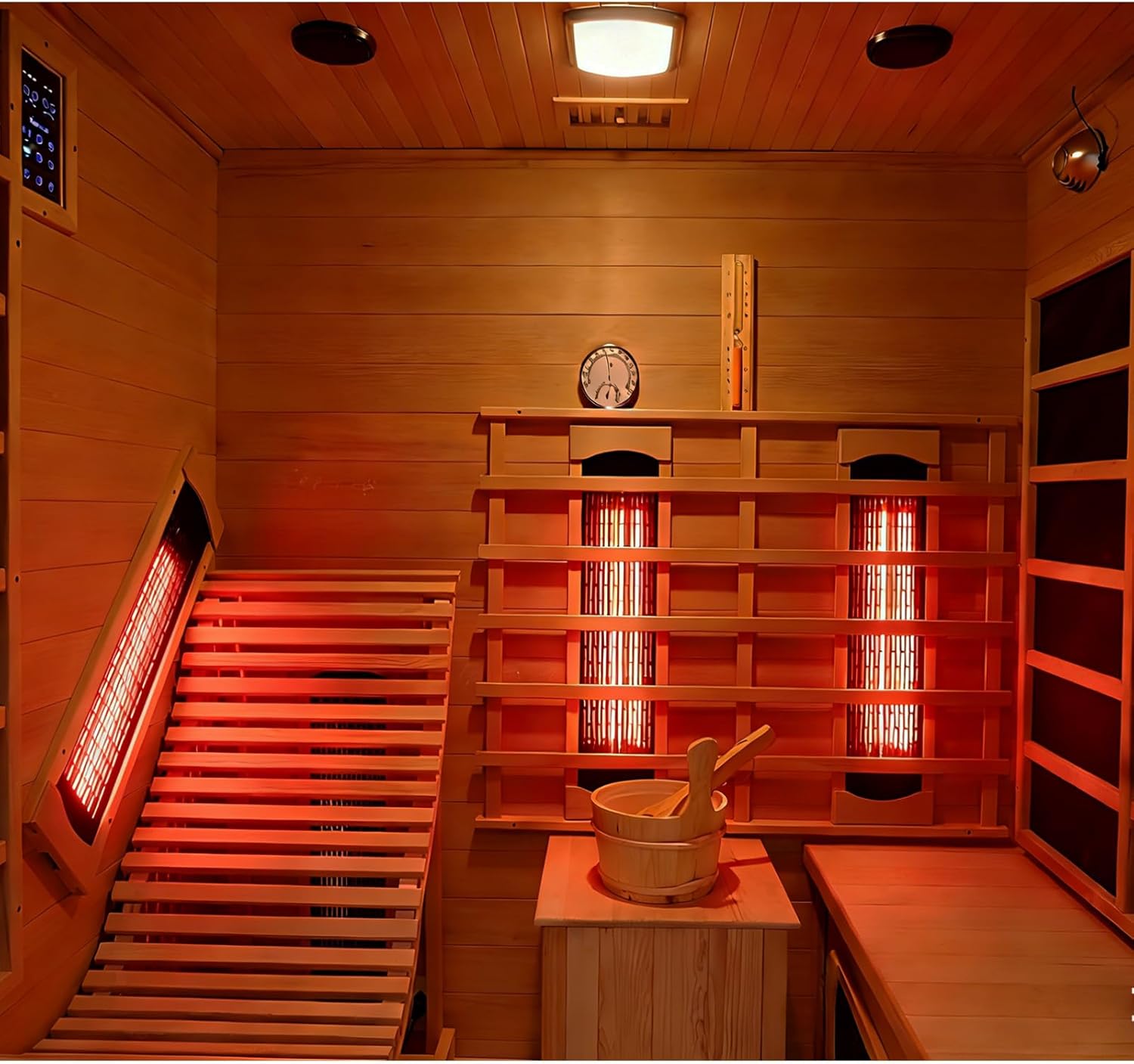 Dual System Sauna Room with Recliner, Luxurious Far Infrared & Steam Indoor Saunas, 2-3 Person Red Cedar Home Hybrid Sauna, 220V/ 6KW Harvia Electric Heater, Bluetooth Speaker