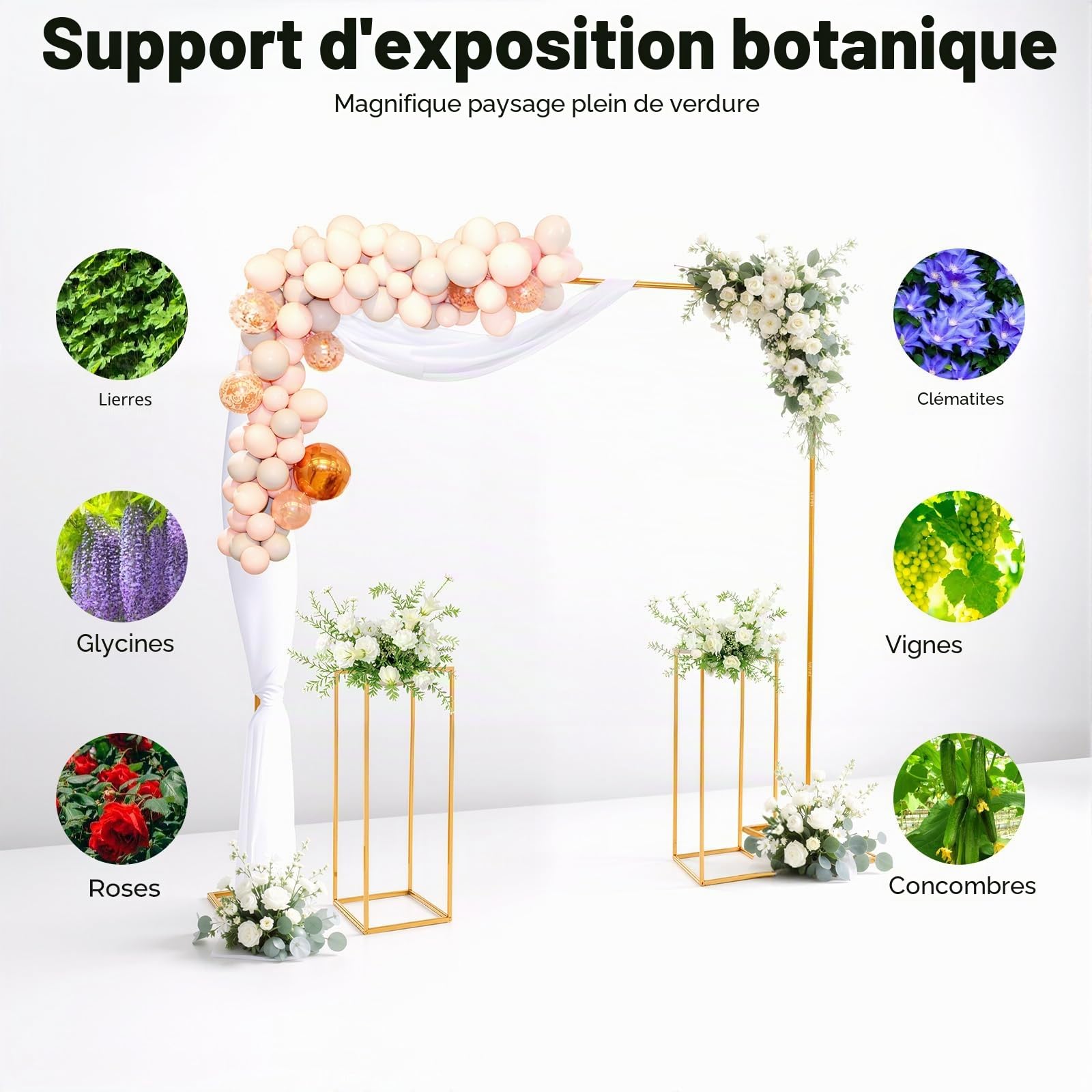 Lot de 2 supports d'arche de mariage en métal de 2 x 2 m, toile de fond et arche de ballons, avec 2 colonnes de support de fleurs, convient pour les mariages, les fêtes d'anniversaire, les banquets
