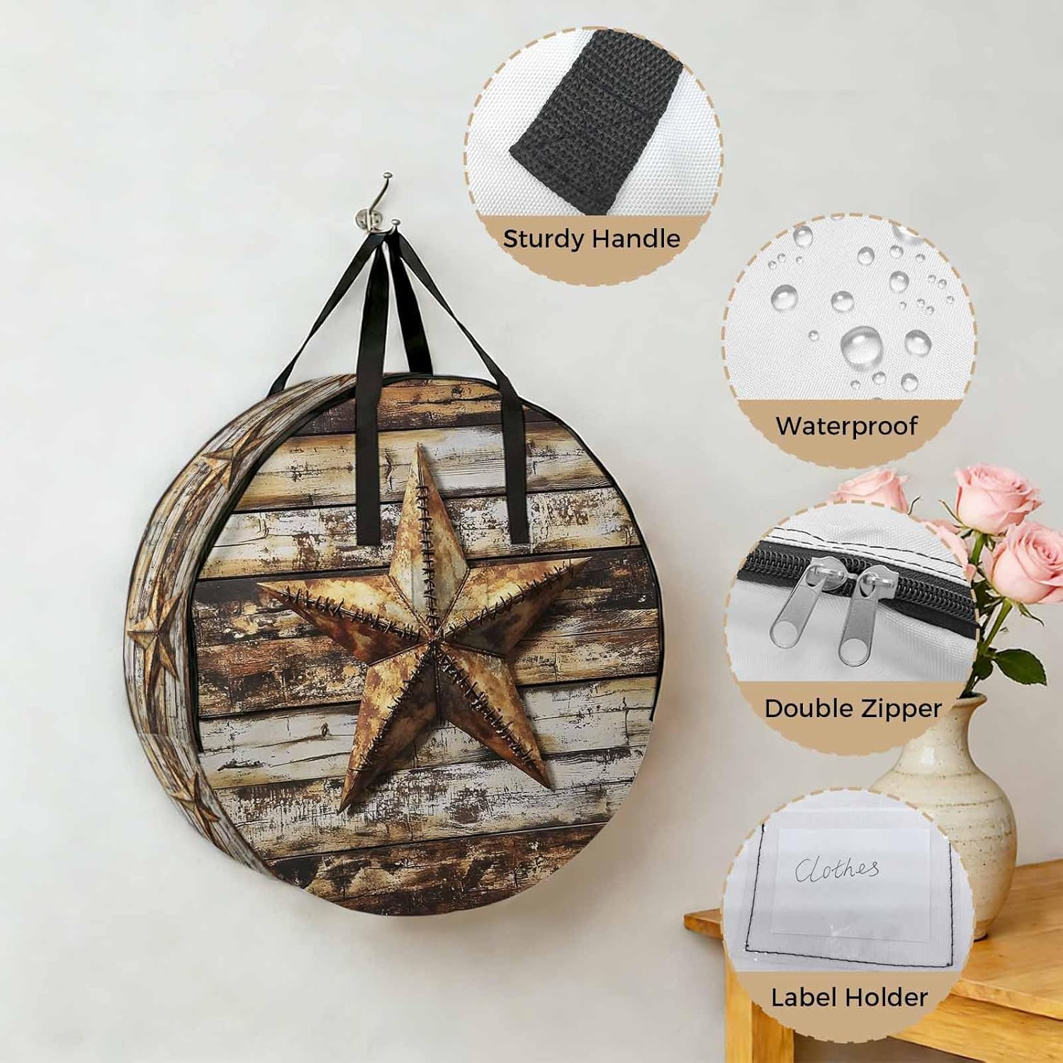 Retro Star Round Storage Bag 36 Inch, Country Texas Stars Worn-out Weathered Wood Clothes Storage Container with Handles Heavy Duty Organizer for Comforter, Bedding & Holiday Wreaths