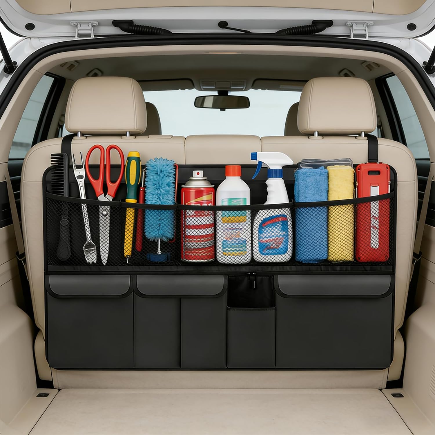 Car Boot Organiser, Waterproof Back Seat Storage Bag with 9 Compartments, Hanging Tidy Trunk Organiser, Car Accessories for All Cars, SUVs and Trucks