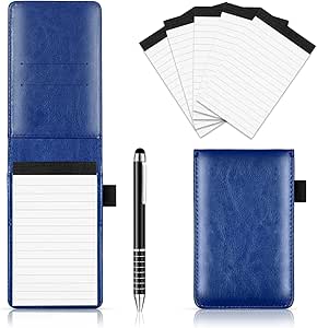 Xhwykzz 7 Pcs Small Pocket Notepad Holder Set with Pen, Mini Portable Leather Pocket Notebook for offices, schools, restaurants (Blue)