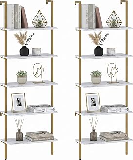 aboxoo Ladder Shelf 2PCS White Marble Bookshelf 5-Tier Wall-Mounted Wood Rack Open Industrial Modern Plant Flower Stand Utility Organizer Bookcase Metal Frame Furniture Office Kitchen Bedroom