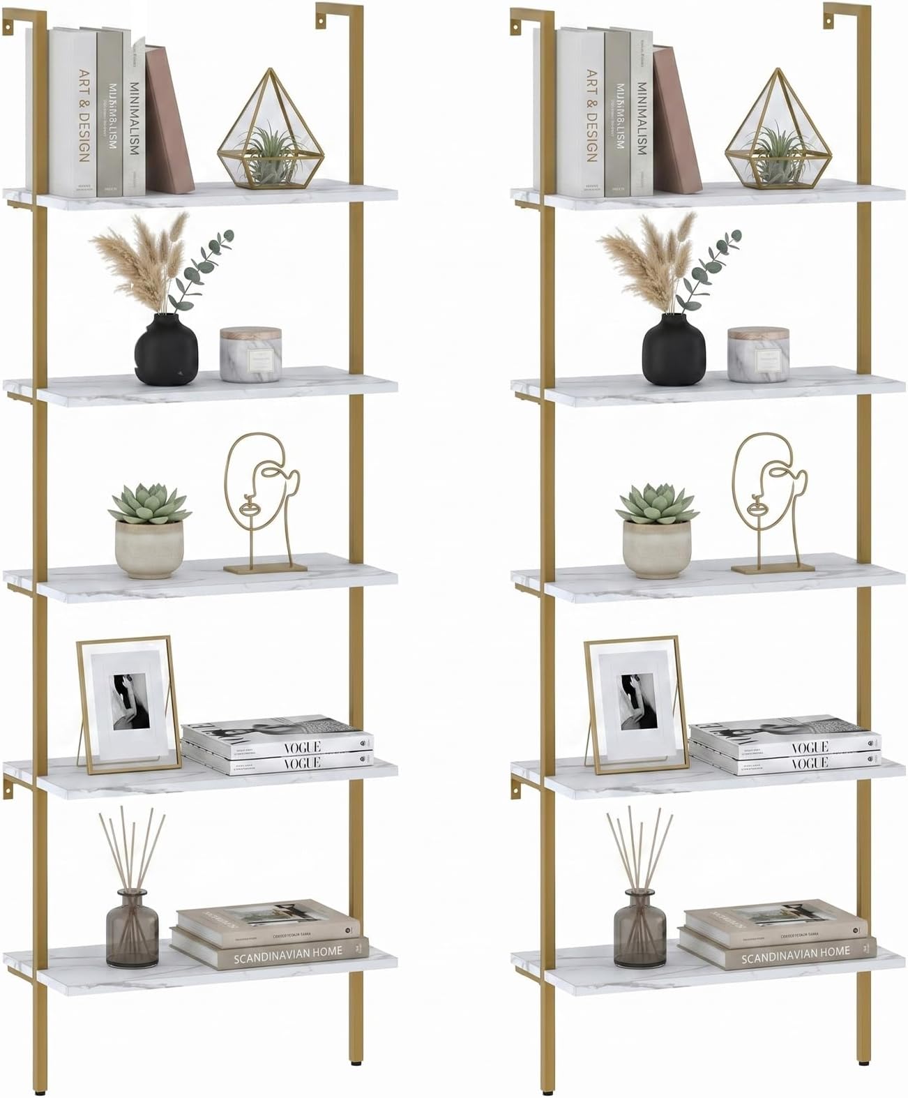 aboxoo Ladder Shelf 2PCS White Marble Bookshelf 5-Tier Wall-Mounted Wood Rack Open Industrial Modern Plant Flower Stand Utility Organizer Bookcase Metal Frame Furniture Office Kitchen Bedroom