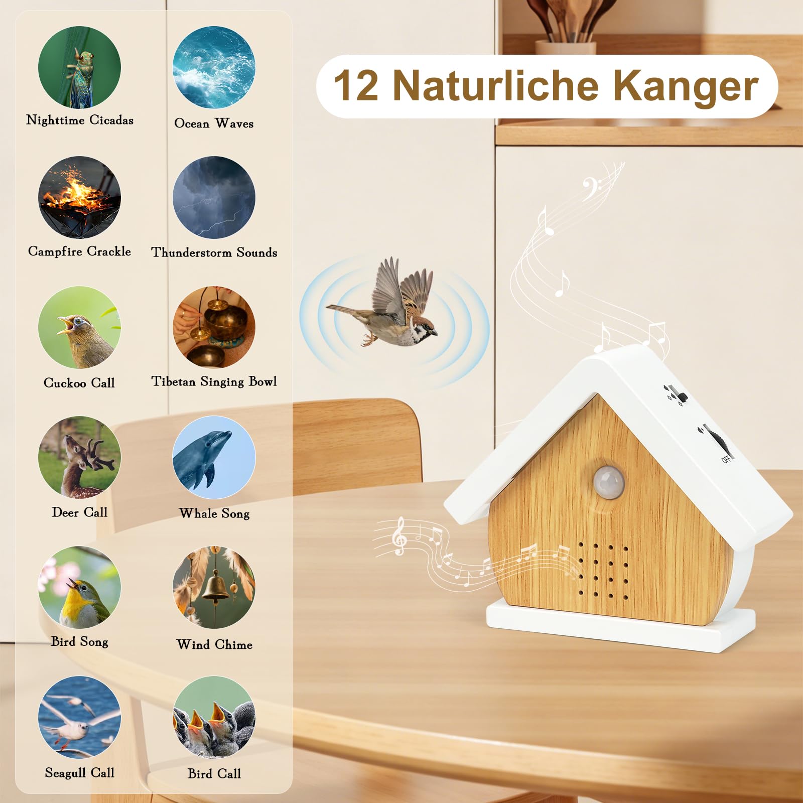 Zwitscherbox Vogelgezwitscher,Vogelgezwitscher Box,Vogelgezwitscher Bewegungsmelder Box,Naturgeräusche Box mit Leuchten/Timer/12 Lieder,Weiß Rauschen Vogelzwitschern für Toilette, Spa und Relaxung