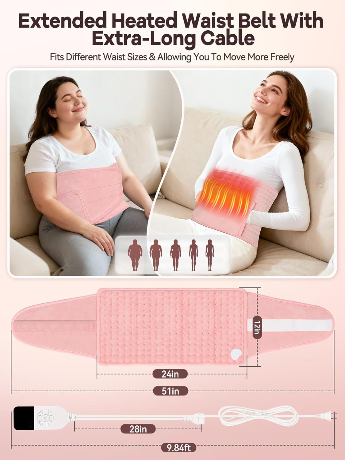 51" Heating Pad for Period Cramps Built with Hand Warmer Pocket, Controller Pocket & 9.84ft/3M Extra-Long Cord, Adj. Temp Timer Auto Shut Off Wrap Around Heated Pad for Women Back Abdomen Pain Relief - Image 2
