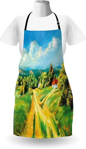 Miniatura 2 de lunarable rústico delantal, Barren camino a pequeño pueblo un montón de plantas y árboles pintura al óleo imagen, unisex delantal con cuello