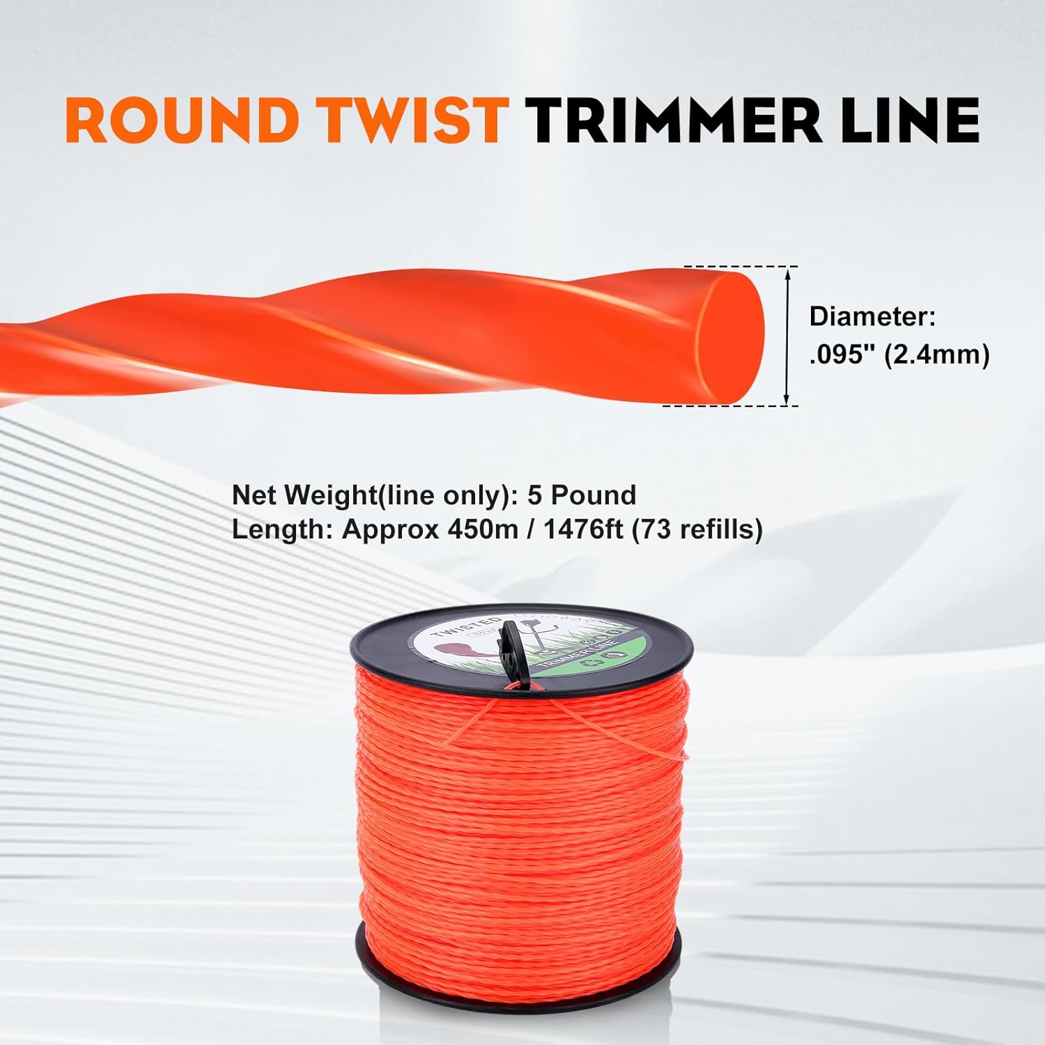 Hipa .095” 5-Pound by 1889-ft Trimmer Line Round Twist,Commercial 2.4 mm/095-Inch String Trimmer Line in Spool,Weed Eater String 095,with Line Cutter,Orange,SOAK for 24H Before Using