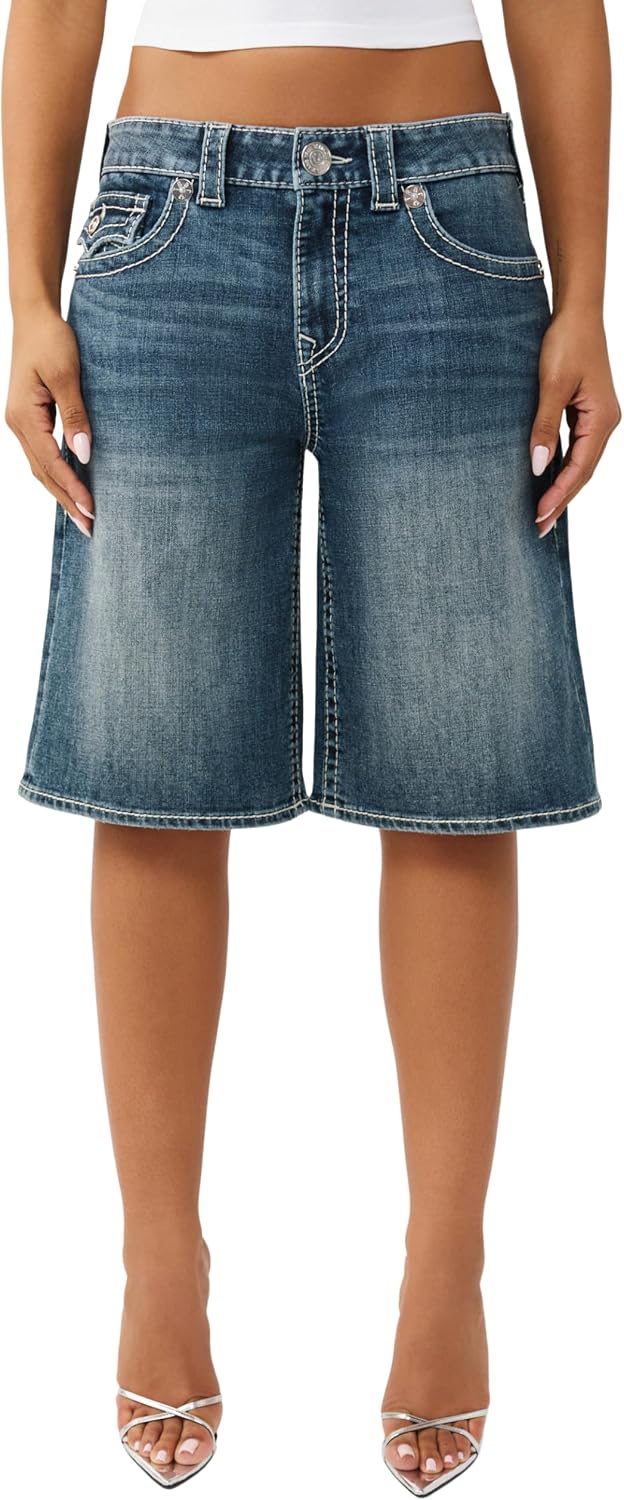 True Religion Women's Baggy Denim Jort Big T Flap