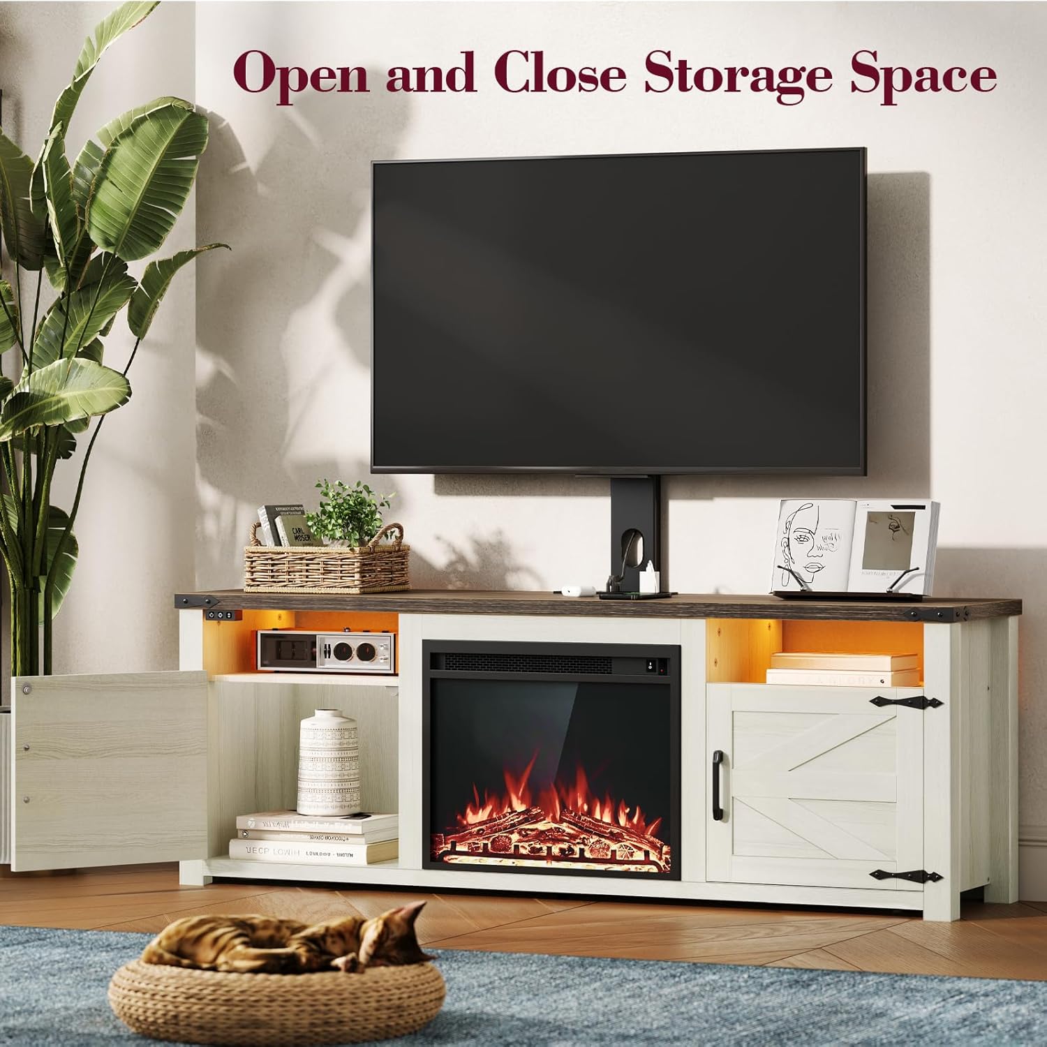 Fireplace TV Stand, Farmhouse TV Mount Stand for 32-75 inch TVs with Charging Station LED Lights, Entertainment Center with Storage for Bedroom, Living Room, 55"