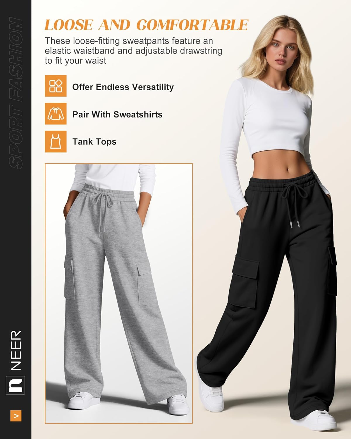 Neer 3 Pack Women's Cargo Sweatpants Wide Leg Baggy Loose Elastic Drawstring Pants Casual Athletic Joggers with 4 Pockets - Image 4