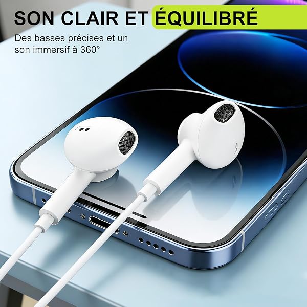 Écouteurs Filaire pour Phone, Compatible Phone 14/14 Pro/13/13 Pro/12/12 Pro/11/11 Pro/X/XS/XR/SE/8/7, Casque Stéréo Hi‑FI à Réduction de Bruit avec Micro et Contrôle du Volume - 4