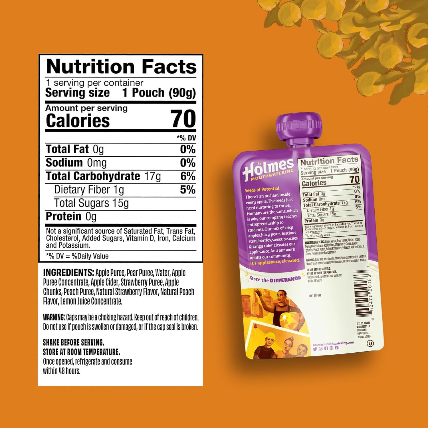 Holmes Mouthwatering Applesauce Squeeze Pouch, Organic Strawberry Applesauce Pouches with Real Chunks of Fruit, No Artificial Flavors Fruit Snack (Strawberry Peach, 24 Pack of 3.2 oz)