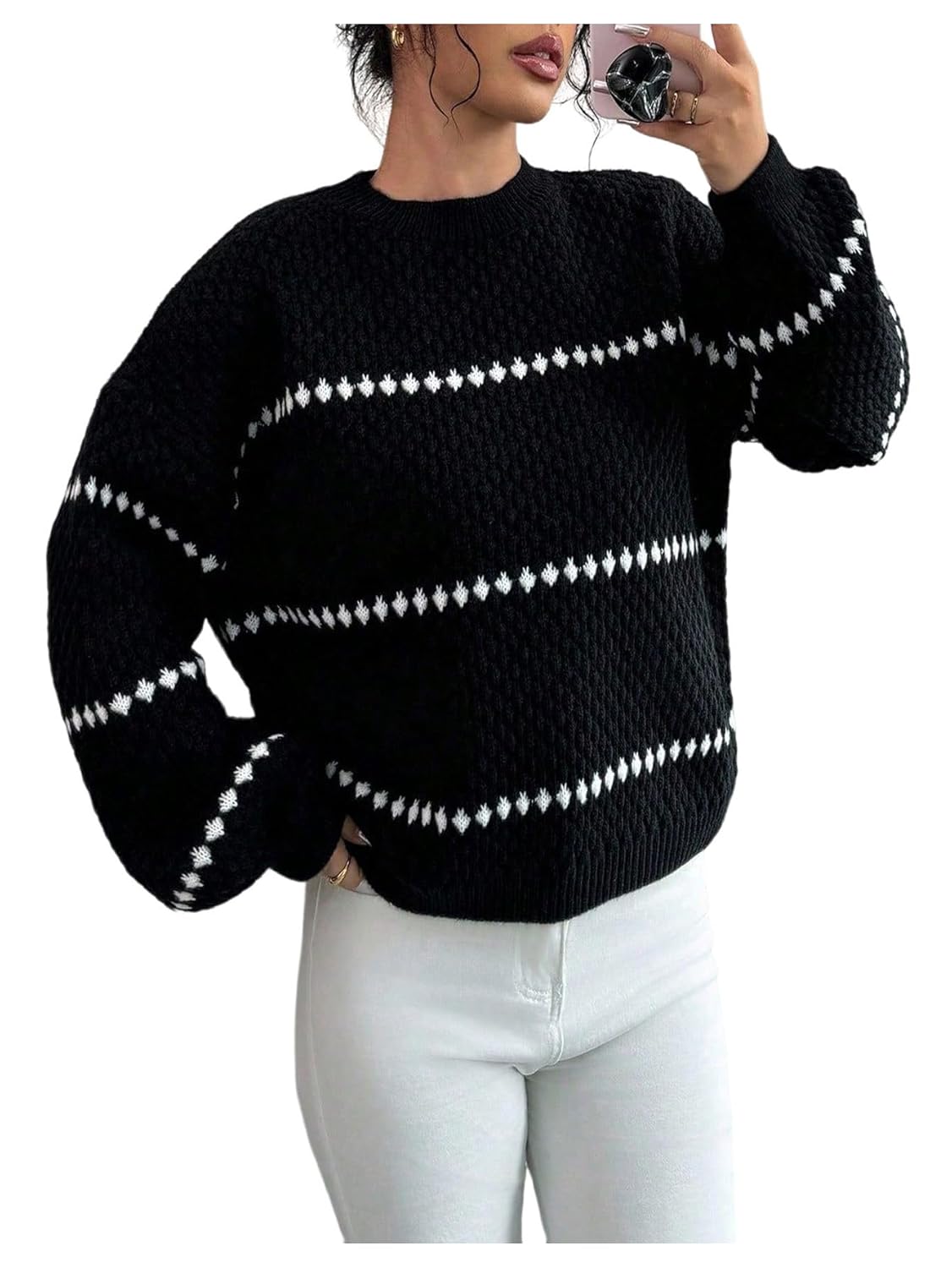 Womens Striped Sweater Crew Neck Long Sleeve Oversized Knit Pullover Tops