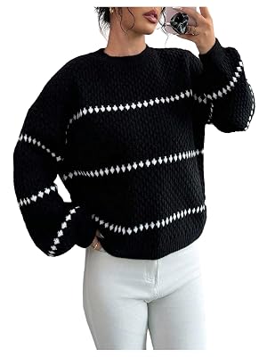 Womens Striped Sweater Crew Neck Long Sleeve Oversized Knit Pullover Tops