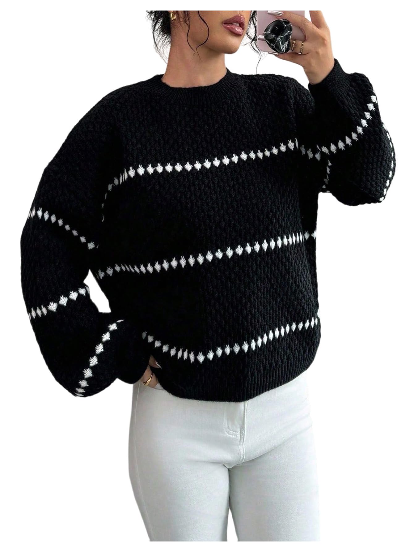 Womens Striped Sweater Crew Neck Long Sleeve Oversized Knit Pullover Tops