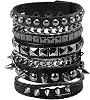 Eigso 3 Pcs Black Wide Studded Spikes Studded Cool Punk Steampunk 80s Theme Retro Bracelets for Men and Women with Adjustable Buckle