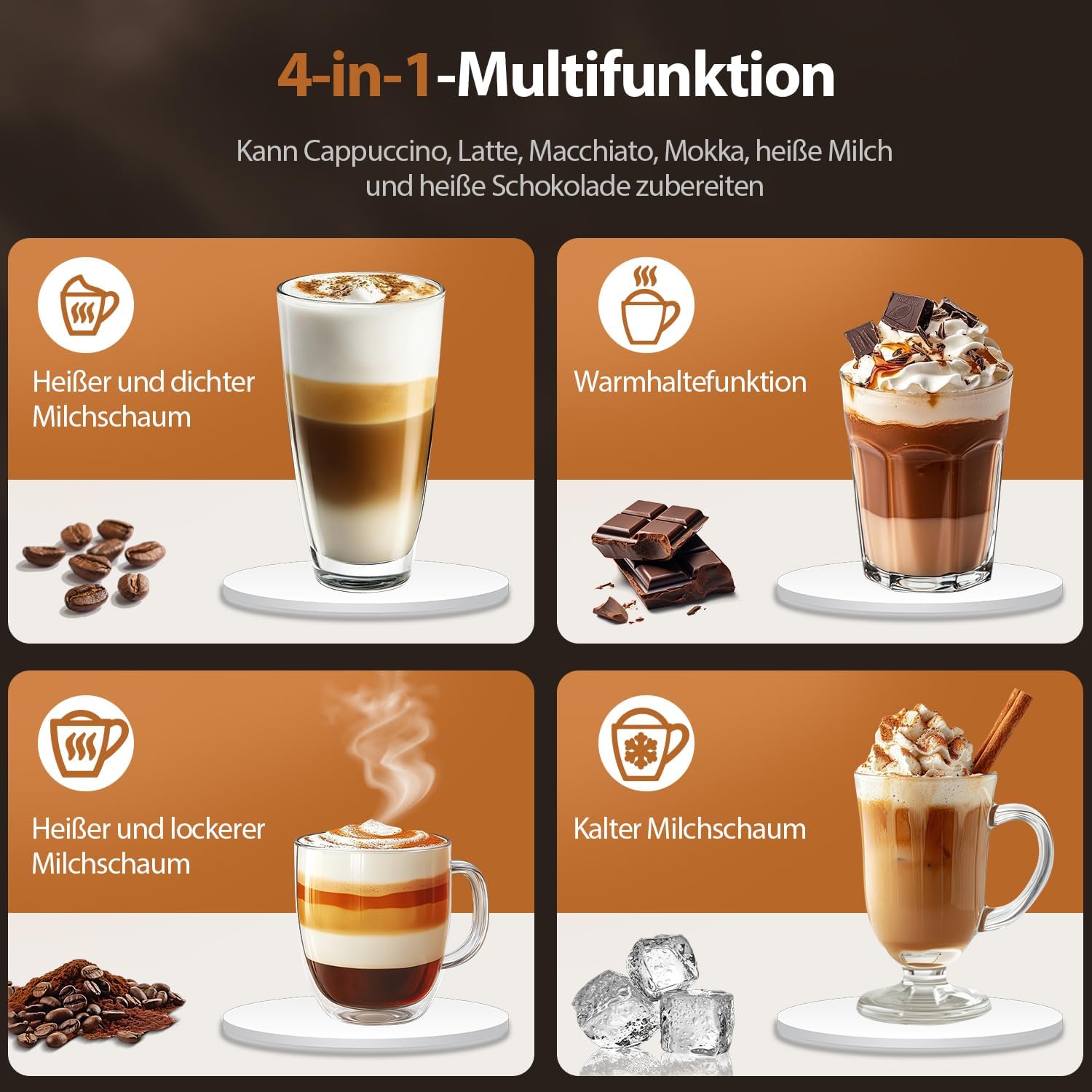 HSSNS Elektryczny spieniacz do mleka – stal nierdzewna, do gorącej i zimnej pianki mlecznej, do gorącej czekolady, latte macchiato, cappuccino, macchiato
