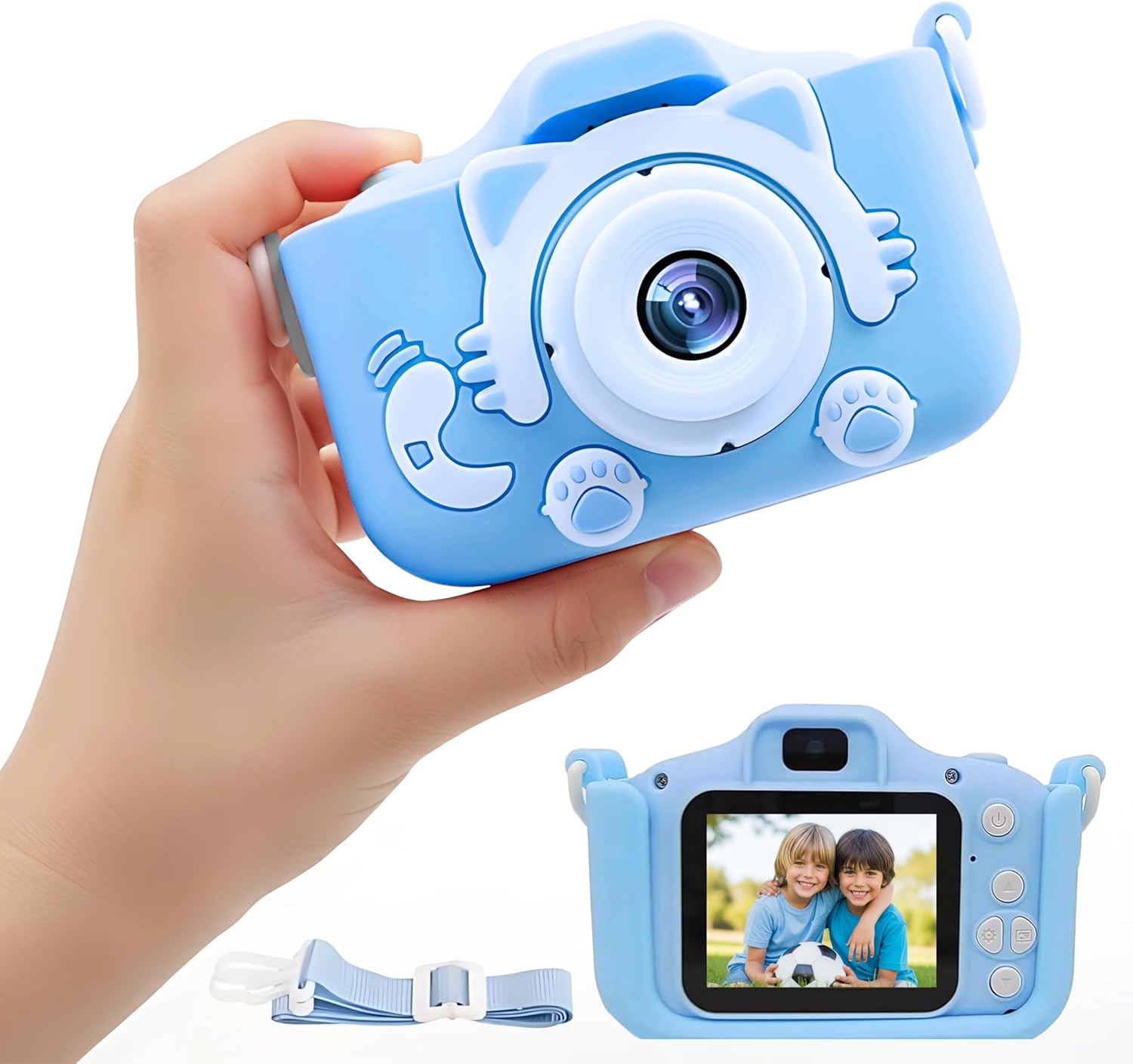 Câmera Digital Infantil Portátil Fofa – Modo Selfie, Fotos e Vídeos, Filtros, Jogos, Suporta Cartão Micro-SD, Bateria Recarregável USB, Cordão de Pescoço e Case Antichoque para Crianças (Gatinho Azul)