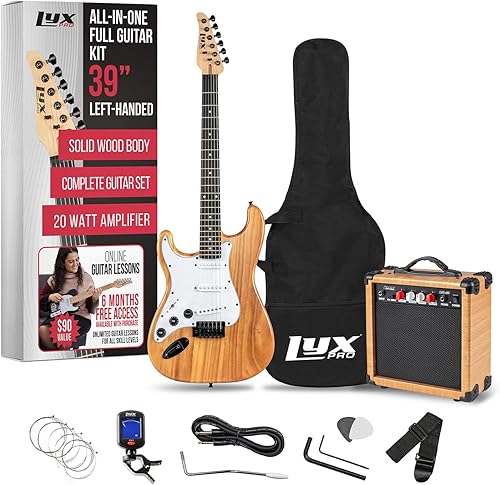Vista 39 de LyxPro Kit de guitarra eléctrica de 39 pulgadas con amplificador de 20 W, todos los accesorios, afinador de clip digital, seis cuerdas, dos púas