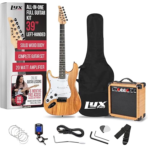 LyxPro Left Hand 39 Inch Electric Guitar and Starter Kit for Lefty Full Size Beginner’s Guitar, Amp, Six Strings, Two Picks, Shoulder Strap, Digital Clip On Tuner, Cable and Soft Case - Natural